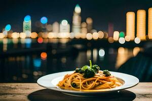 a plate of pasta and broccoli on a table in front of a cityscape. AI-Generated photo