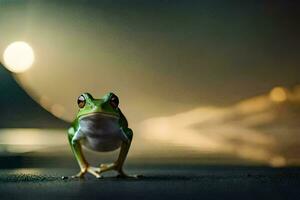 a frog is standing on the ground in front of a full moon. AI-Generated photo