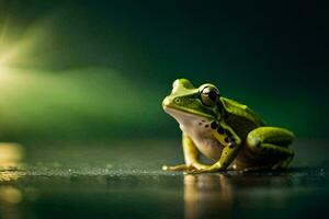 a frog sitting on the ground with a bright light behind it. AI-Generated photo