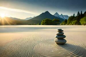a stack of stones in the sand with mountains in the background. AI-Generated photo