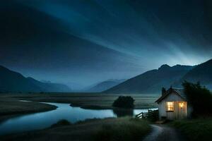 a small cabin sits on the side of a river at night. AI-Generated photo