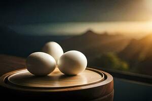 three eggs on a wooden tray with a sunset in the background. AI-Generated photo