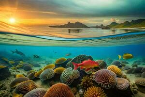the sun sets over a coral reef and fish. AI-Generated photo
