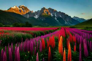el flores de el lupino campo en el montañas. generado por ai foto