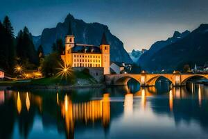 a castle sits on a bridge over a river at night. AI-Generated photo