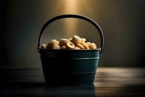 a bucket filled with crackers on a table. AI-Generated photo