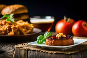 a plate of food with french fries, tomatoes and a burger. AI-Generated photo
