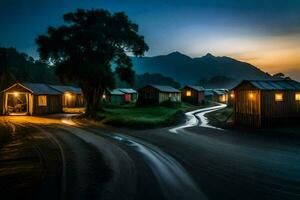 a road at night with a few houses and a mountain in the background. AI-Generated photo