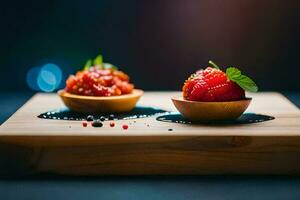 two small bowls with strawberries on top of a wooden board. AI-Generated photo