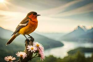 a bird perched on a branch with flowers in the background. AI-Generated photo