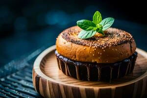 a chocolate cake with a mint leaf on top. AI-Generated photo