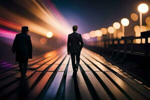 dos hombres caminando en un tren pista a noche. generado por ai foto