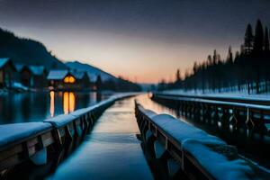 a wooden bridge over a river in the snow. AI-Generated photo