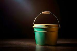 a green bucket on a dark table. AI-Generated photo