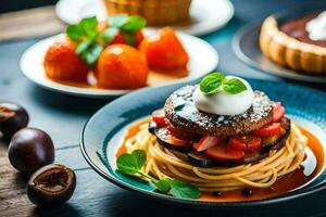 a plate of spaghetti with meat and vegetables. AI-Generated photo