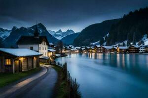 a lake and houses in the snow. AI-Generated photo