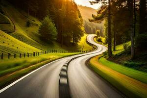 un devanado la carretera en el montañas con arboles y césped. generado por ai foto