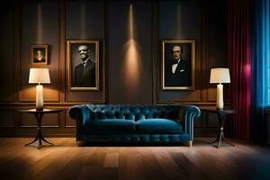 un azul sofá en un habitación con dos pinturas en el pared. generado por ai foto