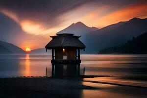 a hut sits on the shore of a lake at sunset. AI-Generated photo