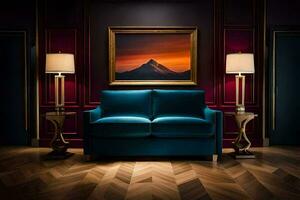a blue couch sits in front of a painting. AI-Generated photo