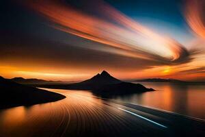 a long exposure photograph of a mountain and water. AI-Generated photo