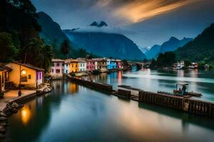 vistoso casas en el bancos de un río. generado por ai foto