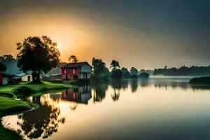 a house sits on the shore of a lake at sunrise. AI-Generated photo