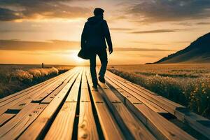 un hombre caminando en un de madera puente a puesta de sol. generado por ai foto