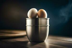 two eggs in a cup on a table. AI-Generated photo