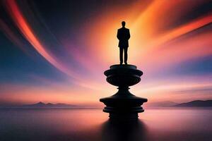 a man stands on top of a statue in the middle of a lake. AI-Generated photo