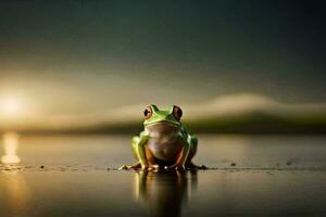 a frog sitting on the ground in front of a sunset. AI-Generated photo