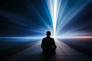 a man in a suit sitting on the floor in front of a light beam. AI-Generated photo