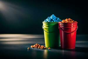 two colorful buckets with blue and orange candy. AI-Generated photo