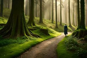 un persona caminando abajo un camino en el medio de un bosque. generado por ai foto