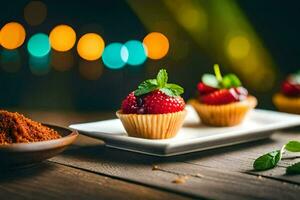 small cupcakes with strawberries and spices on a wooden table. AI-Generated photo