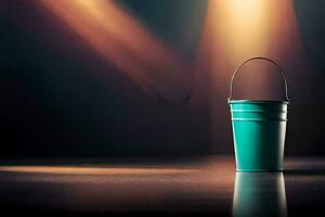 a green bucket sitting on a table in front of a spotlight. AI-Generated photo