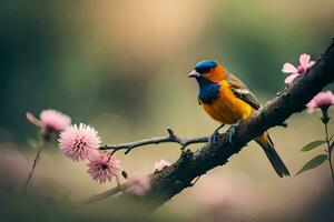 un vistoso pájaro se sienta en un rama con rosado flores generado por ai foto