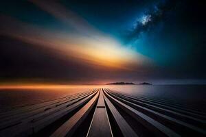 a long exposure photograph of a long pier with a sky and a milky way. AI-Generated photo