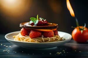 a plate with spaghetti and strawberries on top. AI-Generated photo