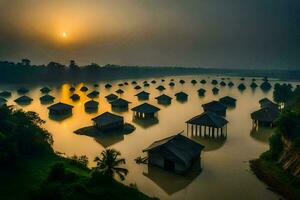 the sun rises over a lake with huts in the water. AI-Generated photo