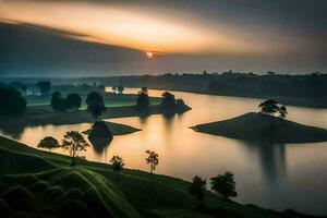 the sun sets over a lake in the middle of a field. AI-Generated photo