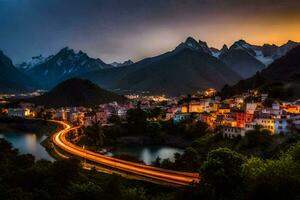 foto fondo de pantalla el cielo, montañas, camino, ciudad, noche, el ciudad, el ciudad,. generado por ai