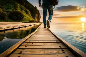 a man walking on a wooden bridge over water. AI-Generated photo