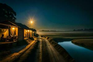 un la carretera a noche con un casa y un río. generado por ai foto