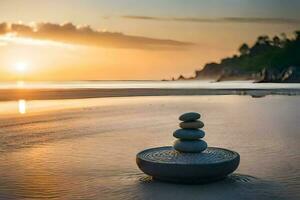 a stack of stones on the beach at sunset. AI-Generated photo