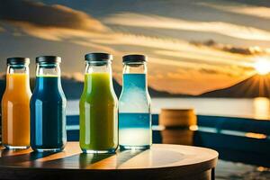 four bottles of juice on a table with the sun setting behind them. AI-Generated photo