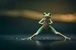 a frog standing on its hind legs with its arms outstretched. AI-Generated photo