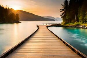 a wooden bridge leads to a lake at sunset. AI-Generated photo