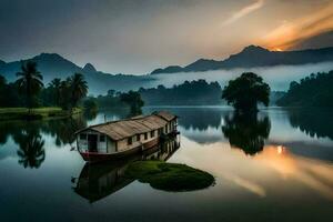 a boat sits on the water in front of a mountain. AI-Generated photo