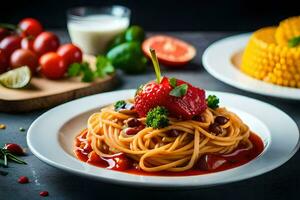 spaghetti with tomato sauce and corn on the cob. AI-Generated photo